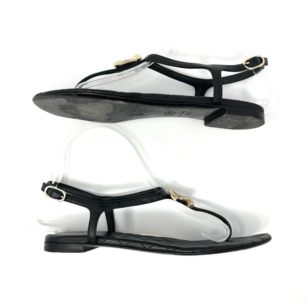 Chanel CC Logo Quilted Flat Thong T Strap Day Sandals Shoes Black Gold 37 6 6.5 - Picture 5 of 12